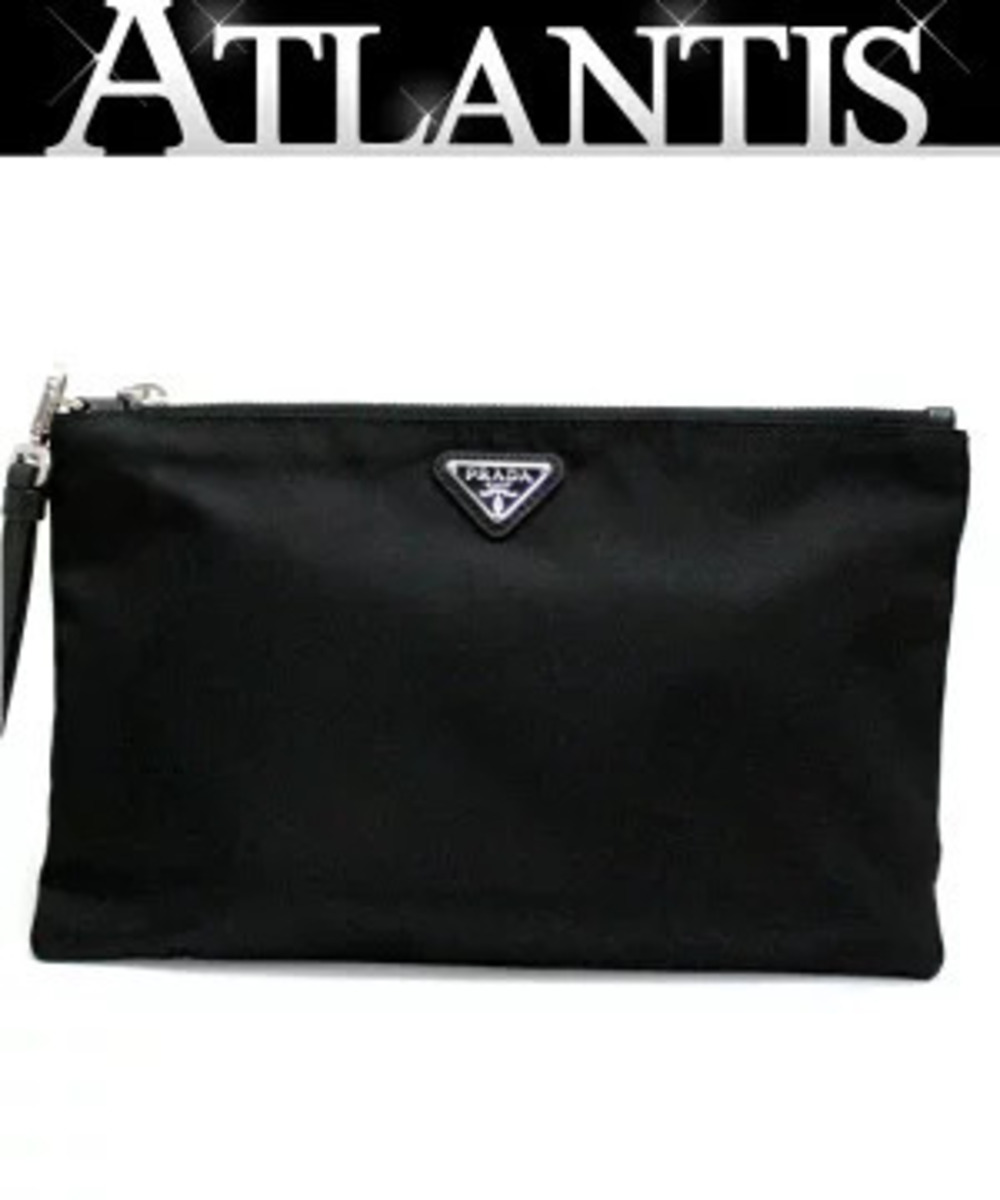 Prada Triangle Clutch Bag Pouch Clutch Saffiano Leather Black